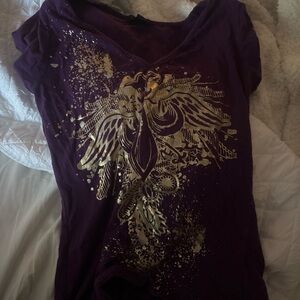 Denizen from Levi's V-Neck Purple Tee with Metallic Gold Design
